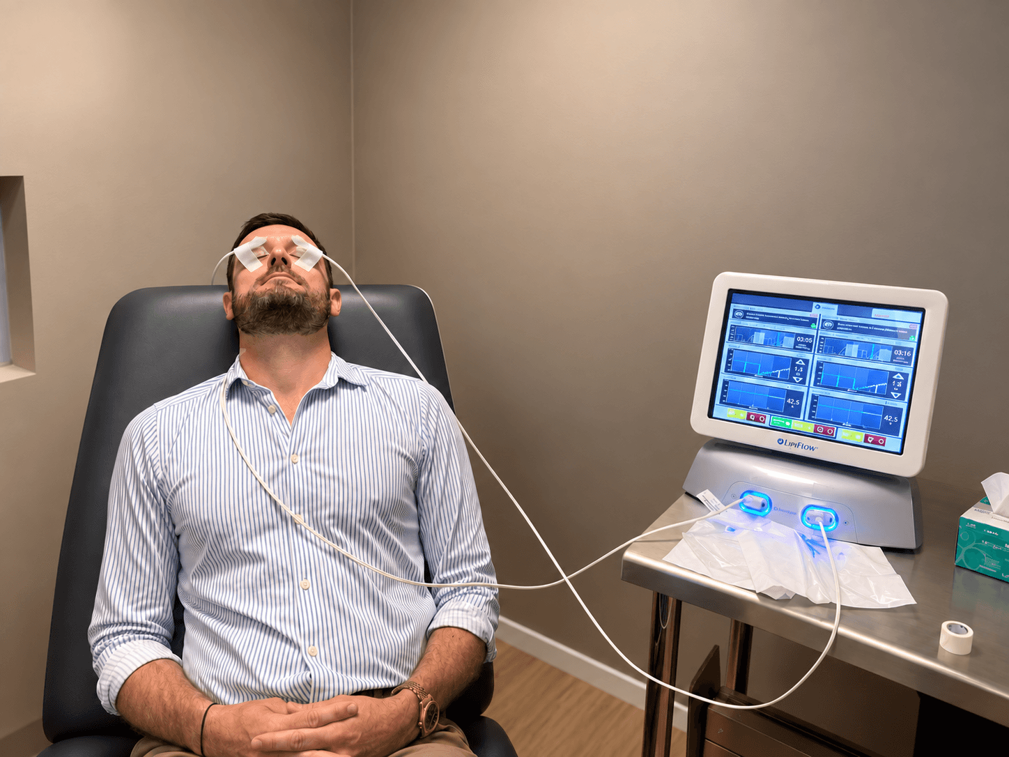 Patient med LipiFlow-aktivatorer på begge øjne under behandling af MGD