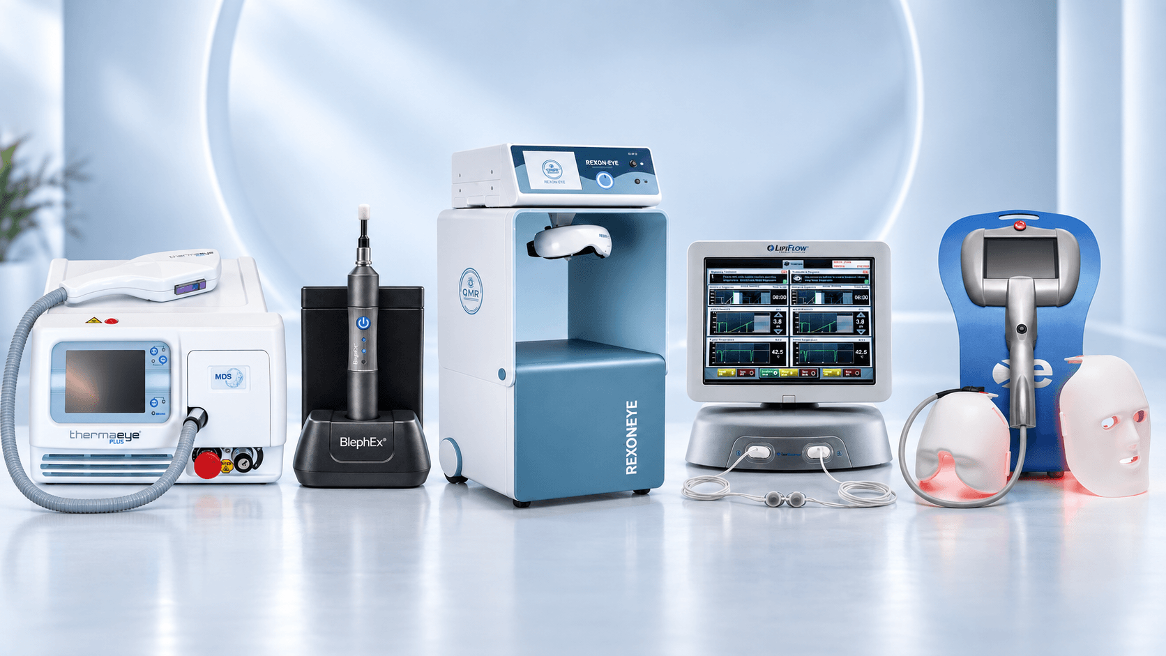 X-Visions udstyr til behandling af tørre øjne – ThermaEye Plus IPL, BlephEx, REXON-Eye QMR, LipiFlow og Eye-Light