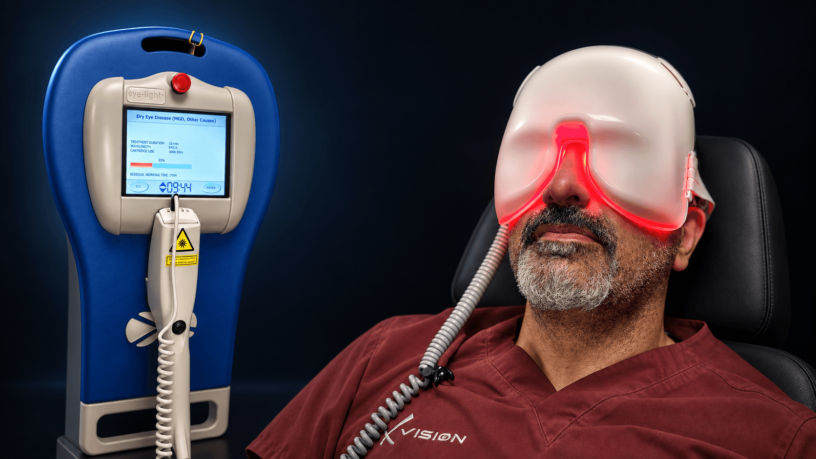 Eye-Light-konsol med behandlingsprogram mod tørre øjne og patient med LLLT-maske